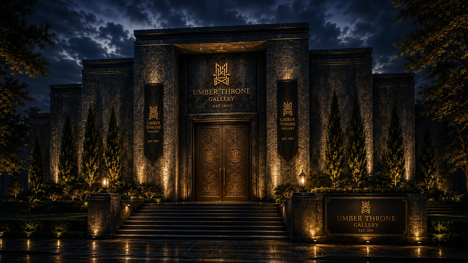 The dark stone exterior and illuminated bronze doors of the fictional Umber Throne Gallery